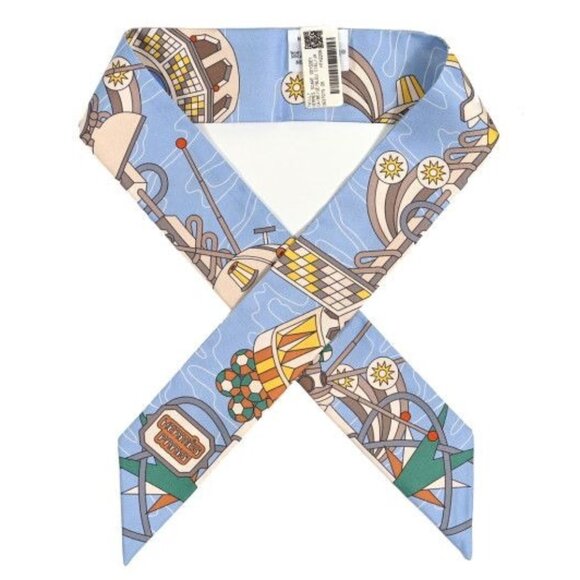 Rare Authentic Vintage HERMES Odyssey Beige Bleu Ciel&Jaune Vif 100% Silk Twilly - Picture 1 of 8